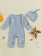 Baby Boys 2Pcs Fall Clothes Romper Stripe Print Long Sleeve Round Neck Full Length Jumpsuit with Hat Set