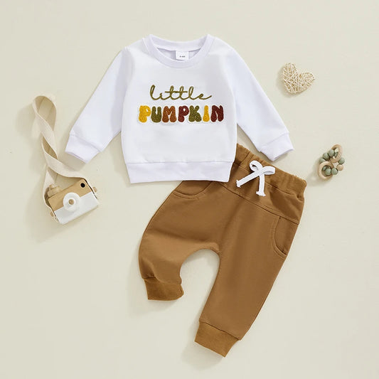 Baby Toddler Boys Girls Little Pumpkin Fall Thanksgiving Halloween Set Long Sleeve Crew Neck Embroidery Letter Top with Elastic Waist Pants Set