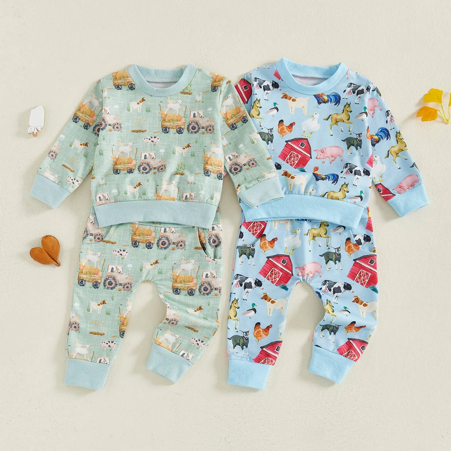 Baby Toddler Boys 2Pcs Fall Outfit Farm Animal/Tractor Print Long Sleeve Top and Elastic Pants 2Piece Clothes Jogger Set