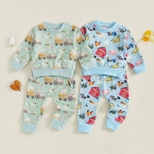 Baby Toddler Boys 2Pcs Fall Outfit Farm Animal/Tractor Print Long Sleeve Top and Elastic Pants 2Piece Clothes Jogger Set