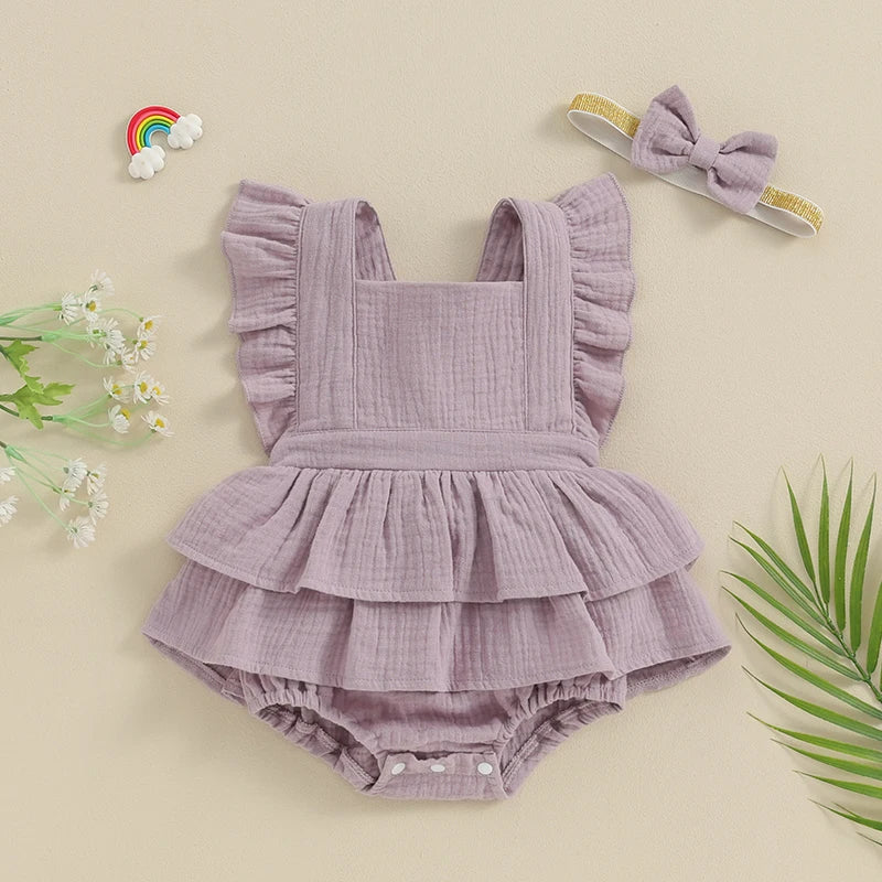 Baby Girls 2Pcs Romper Dress Solid Color Fly Sleeve Skirt Hem Tank Top Bodysuit Summer Clothes with Headband Set