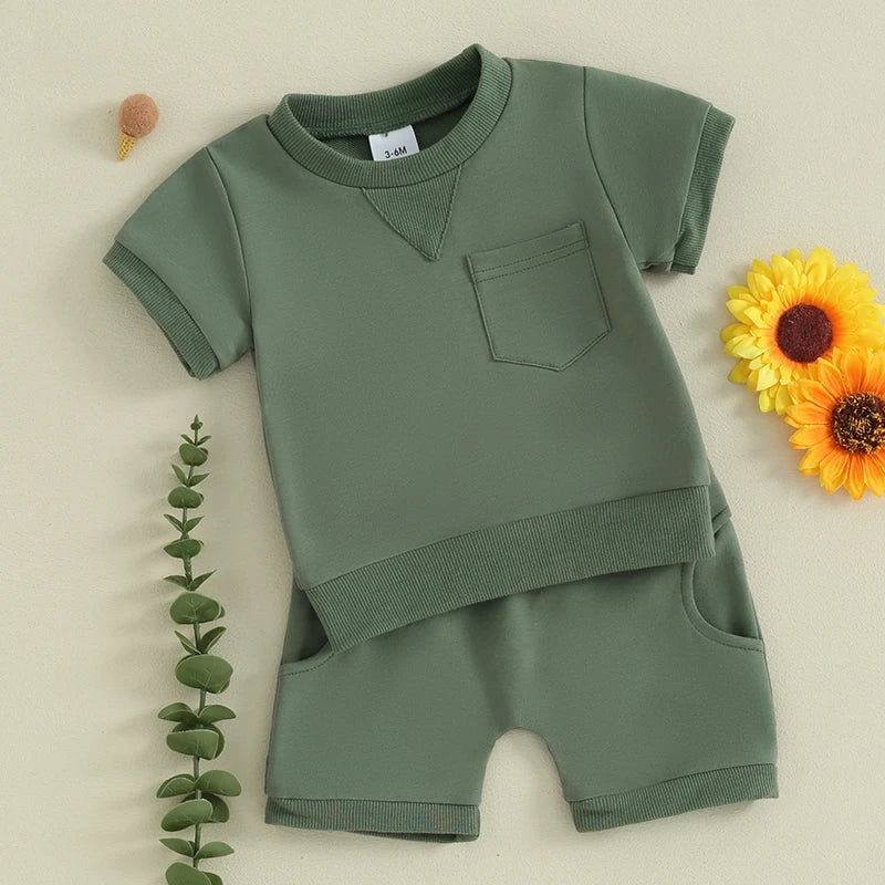 Baby Toddler Boy Girl 2Pcs Spring Summer Clothes Solid Color Short Sleeve O-Neck Top with Matching Shorts Set Outfit