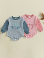 Baby Boys Girls Fall Romper Stripe Letter Little Brother Sister Embroidery Long Sleeve Crew Neck Bubble Jumpsuit