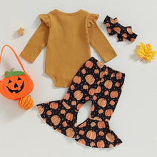 Load image into Gallery viewer, Baby Girl 3Pcs Halloween Fall Clothes Long Sleeve Bodysuit Top Pumpkin Flared Pants
