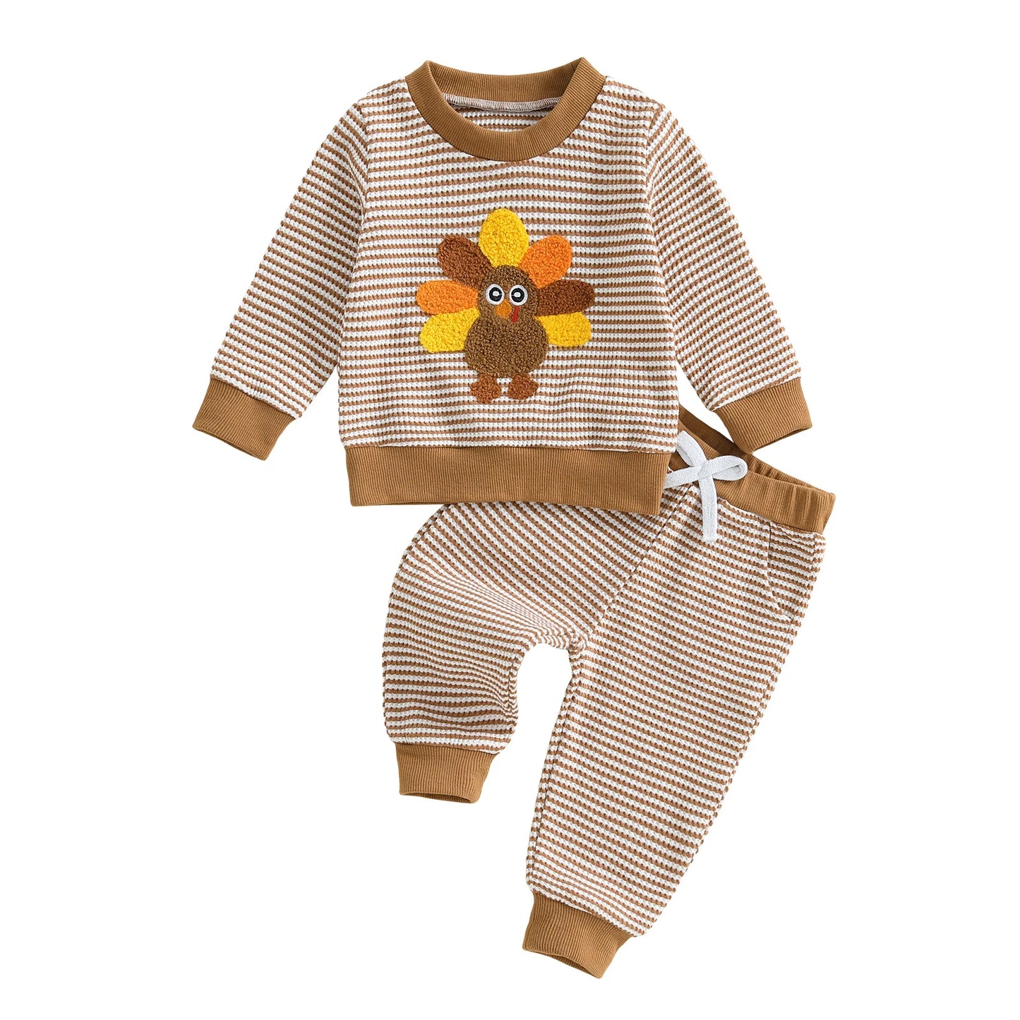 Baby Toddler Girls Boys 2Pcs Thanksgiving Outfits Turkey Embroidery Striped Long Sleeve Top and Elastic Pants Jogger Set