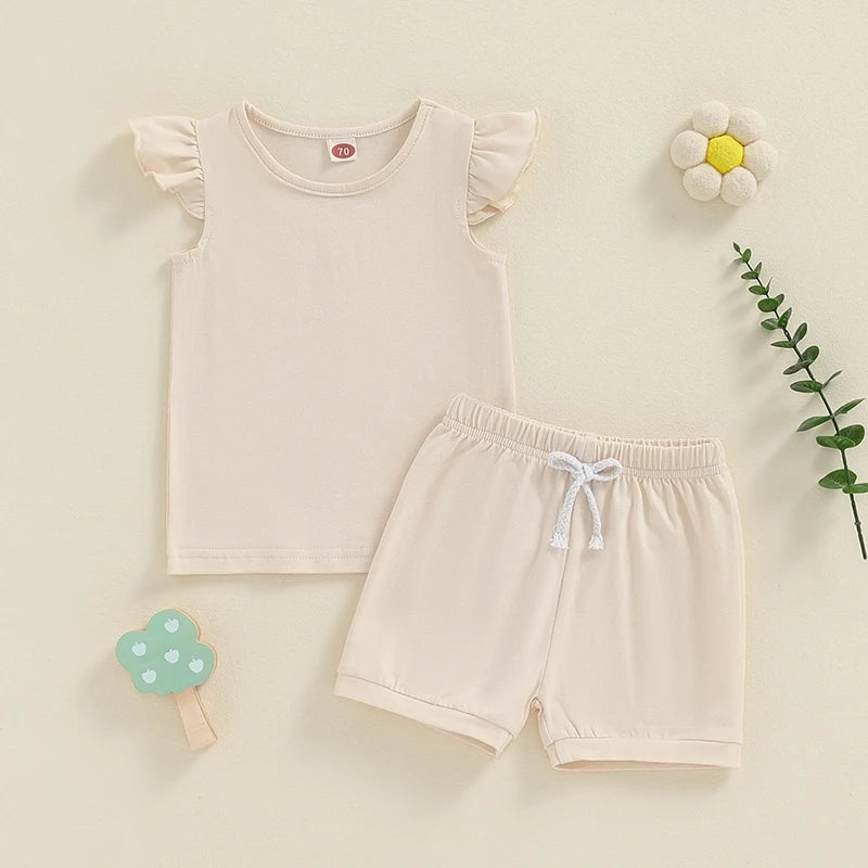 Baby Toddler Girl 2Pcs Summer Set Solid Color Round Neck Fly Sleeve Top Elastic Waist Shorts Outfit Set