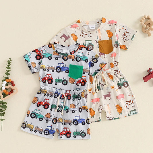 Baby Toddler Boys 2Pcs Farm Outfit Animal Tractor Print Pocket Short Sleeve Top with Elastic Waist Shorts Set