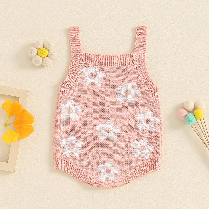 Baby Girl Summer Knit Romper Casual Floral Print Sleeveless Jumpsuit