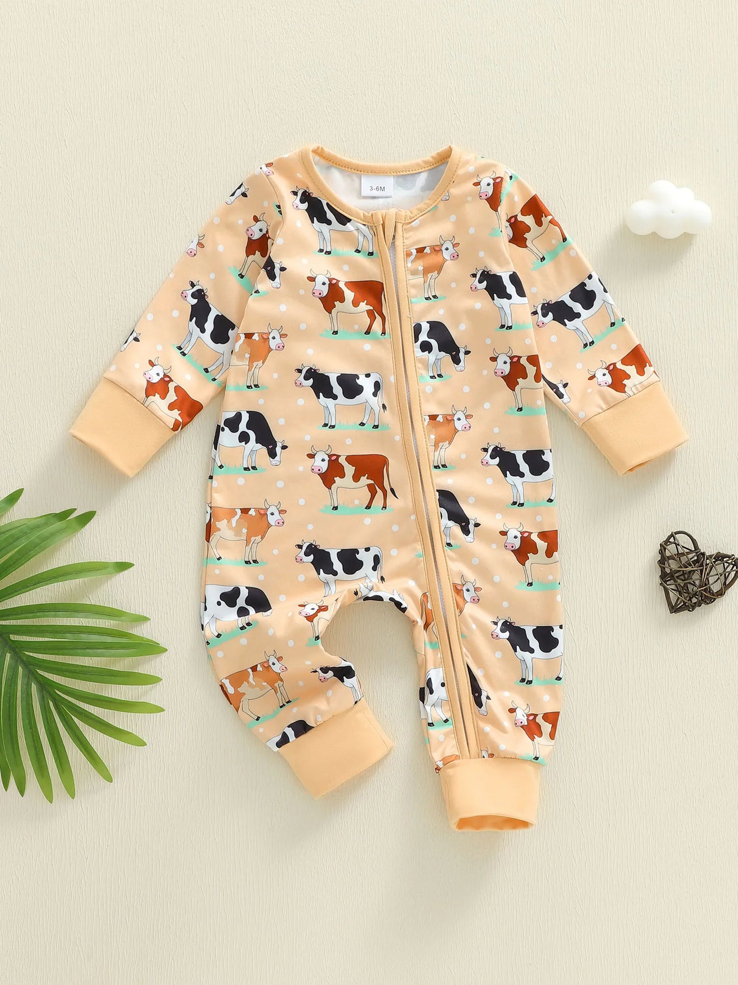 Baby Boy Girl Cow Printed Romper Fashionable Round Neck Long Sleeve Fall Spring Zipper Jumpsuits