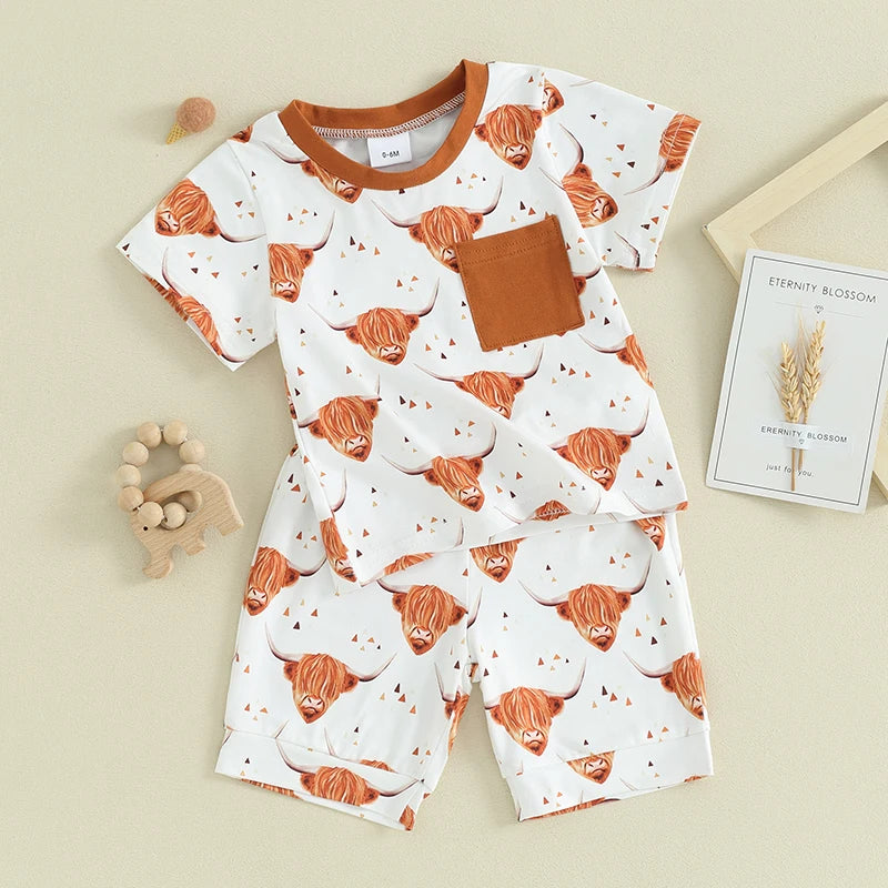 Toddler Baby Boy 2Pcs Clothes Western Cow Short Sleeve Top Jogger Shorts Cowboy Spring Summer Shorts Outfit Set