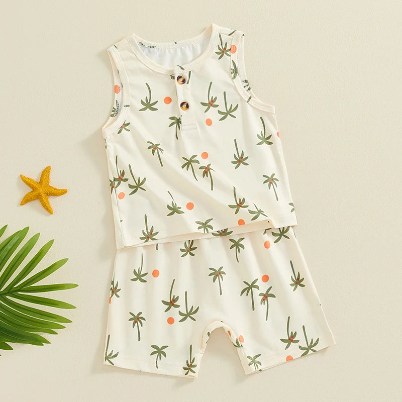 Baby Toddler Boys Girls 2Pcs Outfit Sleeveless Palm Tree Print Tank Top + Shorts Set