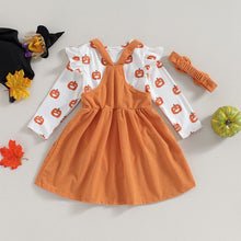 Load image into Gallery viewer, Baby Girls 3 Pcs Halloween Outfits Long Sleeve Pumpkin Romper Suspender Skirt Headband Set Clothes
