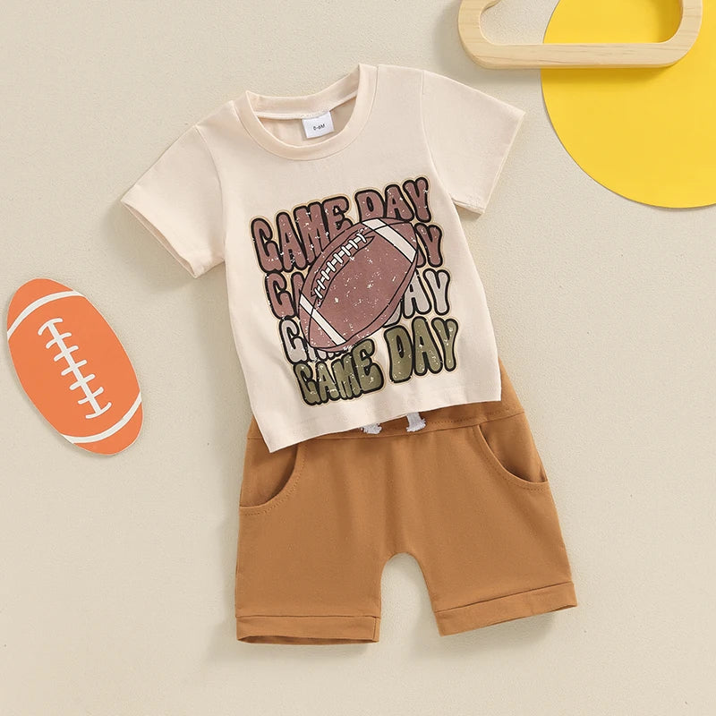 Baby Toddler Boys 2Pcs Game Day Short Sleeve Letters Football Print Top with Shorts Summer Outfit Set