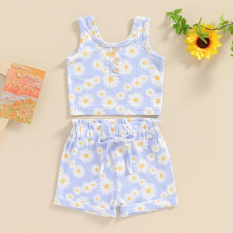 Baby Toddler Girls 2Pcs Daisy Flower Print Sleeveless Crew Neck Tank Top and Matching Shorts Summer Outfit Set