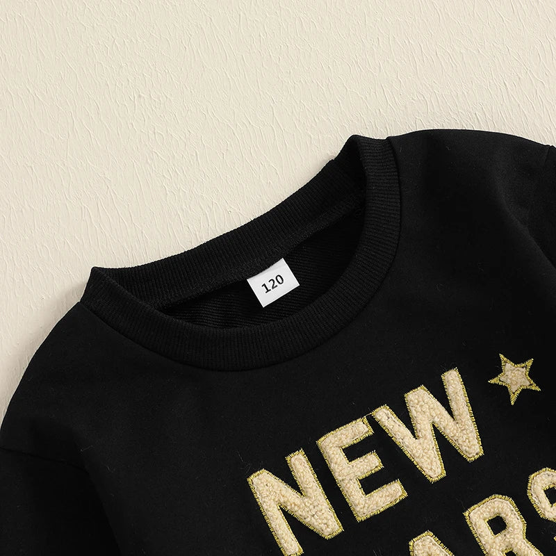 Toddler Kids Girl 2Pcs New Years Cheers Skirt Outfit Letter Embroidery Long Sleeve Top Glitter Star Print Tulle Skirt Clothing Set