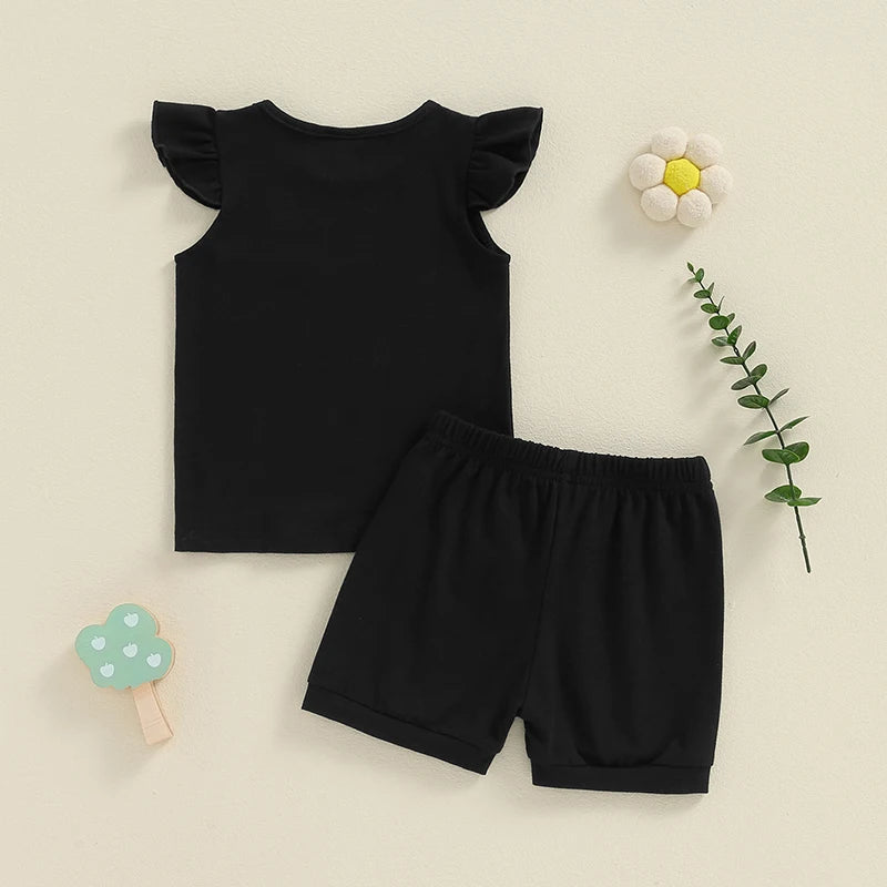 Baby Toddler Girl 2Pcs Summer Set Solid Color Round Neck Fly Sleeve Top Elastic Waist Shorts Outfit Set