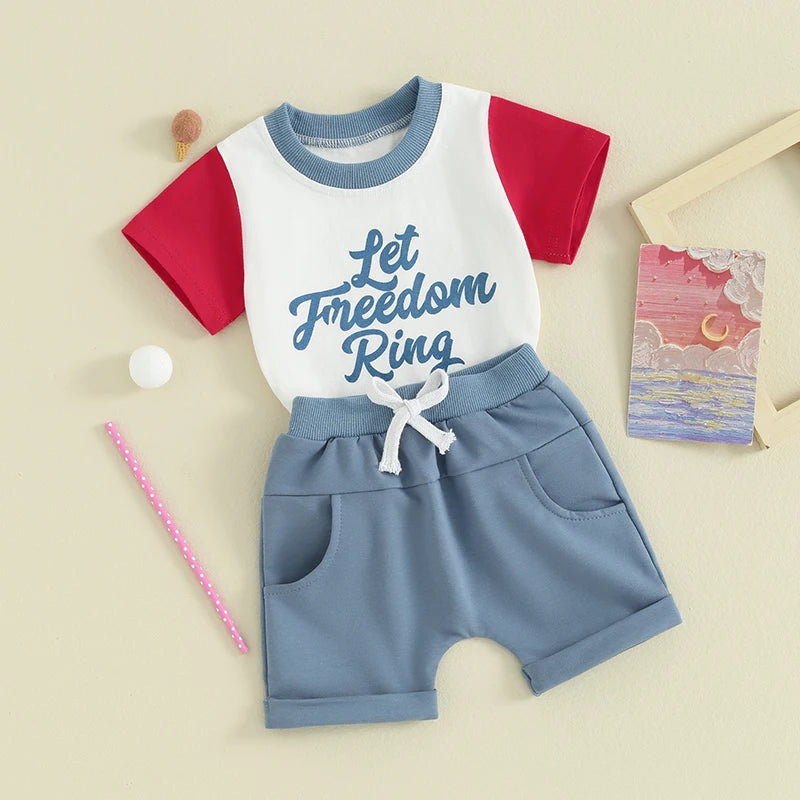 Baby Toddler Boys 2Pcs Let Freedom Ring 4th of July Independence Day Outfits Short Sleeve Letter Print Contrast Color Top and Drawstring Shorts Set