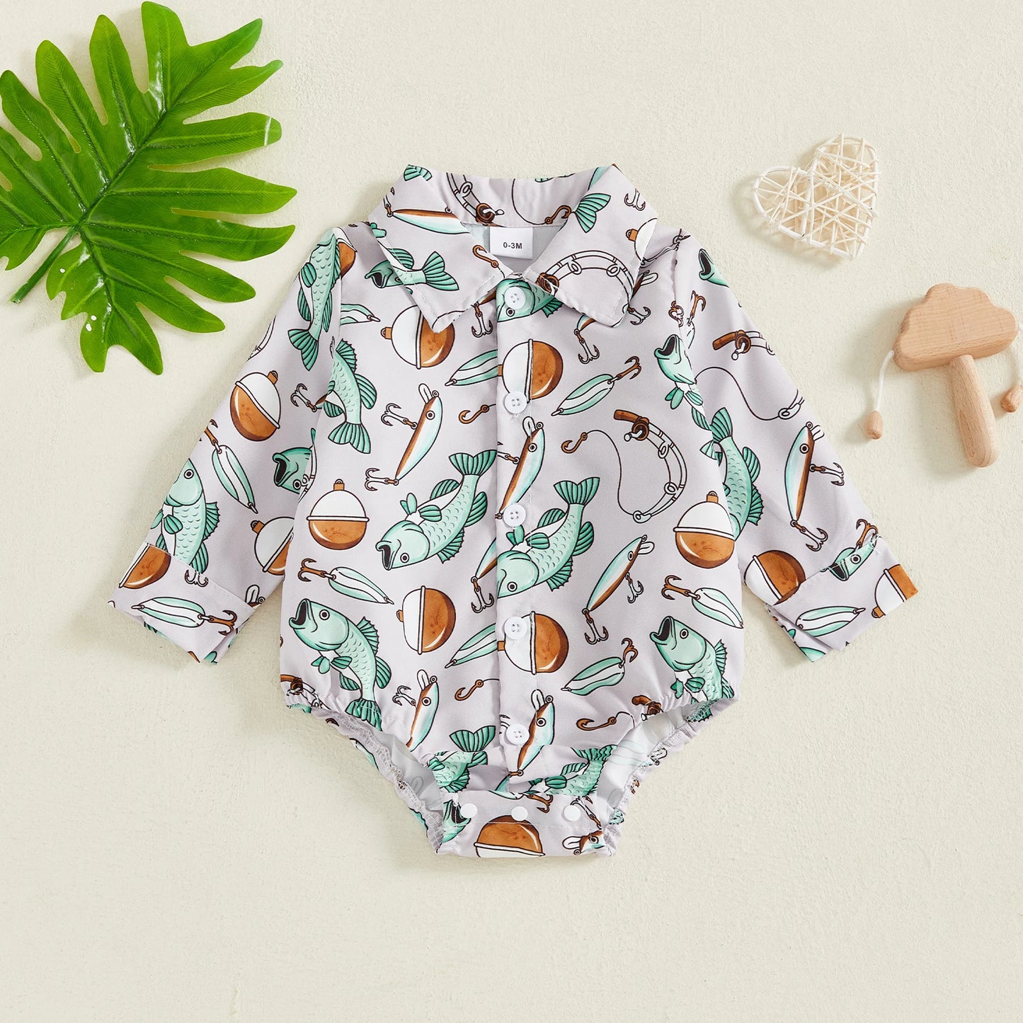 Baby Boys Girls Romper Long Sleeve Lapel Collar Fish Print Bodysuit Fall Playsuit