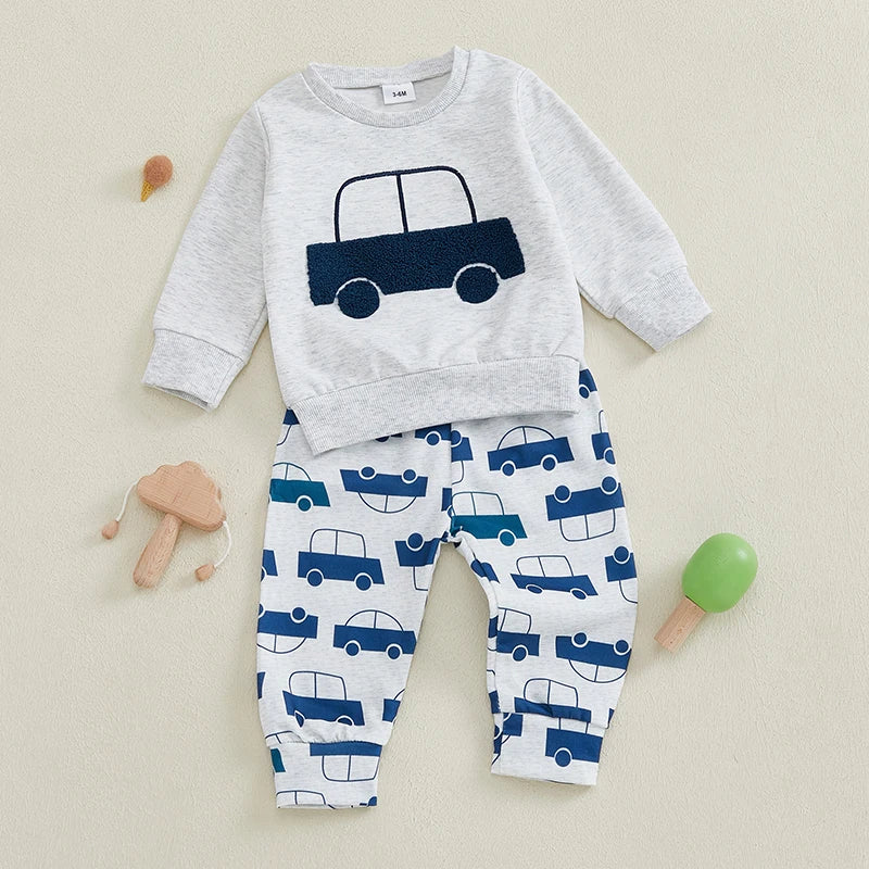 Baby Toddler Boys 2Pcs Outfit Car Tractor Embroidery Long Sleeve Pullover Crewneck Top Elastic Waist Pants Jogger Set