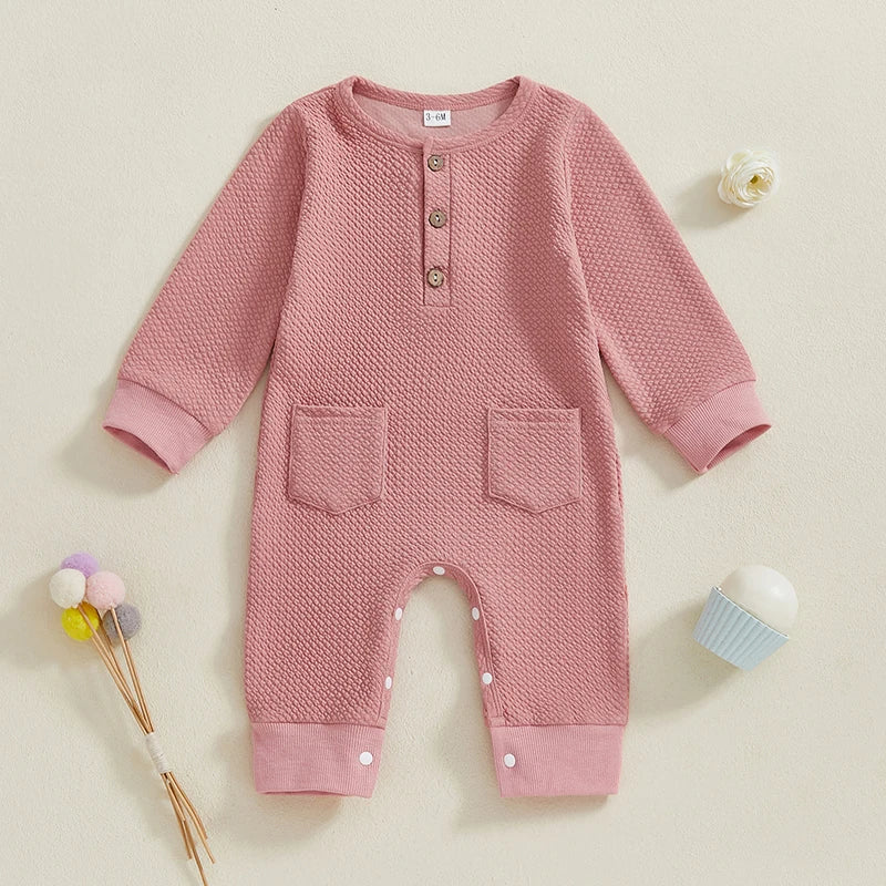 Baby Girls Boys Romper Solid Color Buttons Pockets O-Neck Long Sleeve Spring Jumpsuit