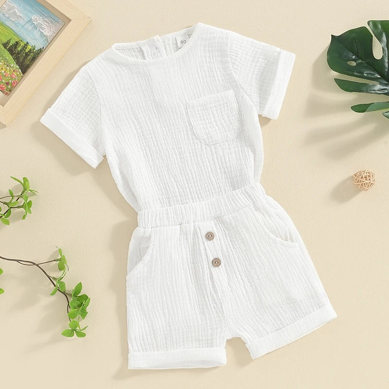 Baby Toddler Boys Girls 2Pcs Summer Clothes Set Solid Cotton Linen Pocket Short Sleeve Top + Button Pocket Shorts Beach Casual Outfit