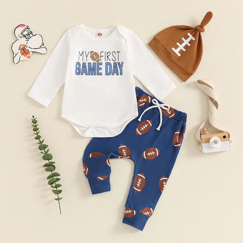 Baby Boy 3Pcs My First Game Day Fall Outfit Letter Print Long Sleeve Romper with Football Pattern Pants and Hat Set