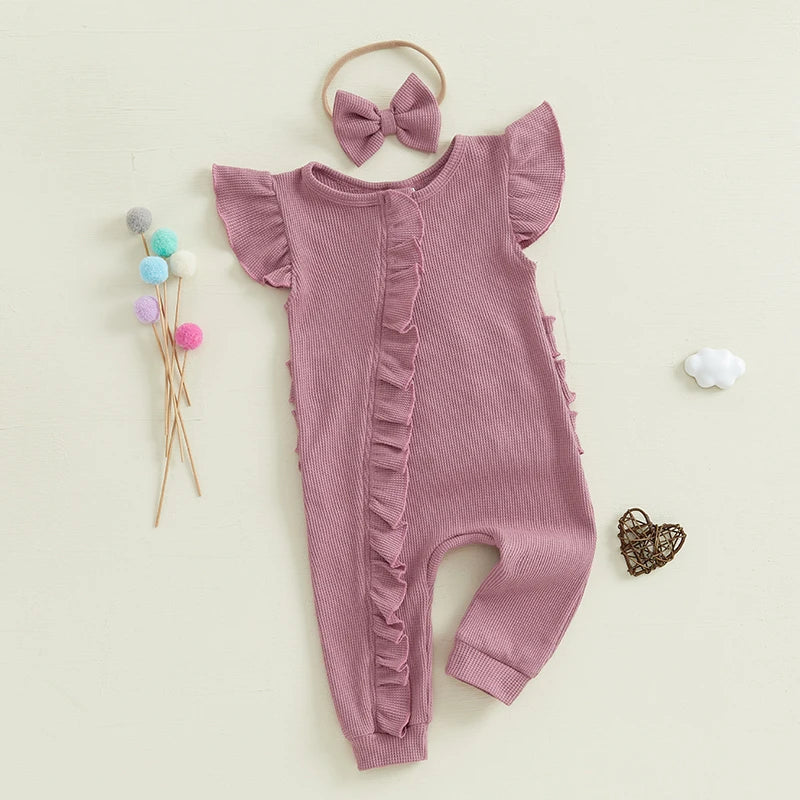 Baby Girl 2Pcs Spring Summer Outfit Ruffle Sleeveless Short Sleeve Zip Up Jumpsuit Zipper Romper with Headband Bow Set Clothes