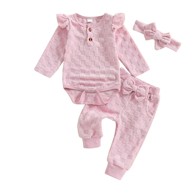 Baby Girls 3Pcs Set Checkered Button Long Sleeve Round Neck Ruffled Romper Long Pants Hair Band Outfit