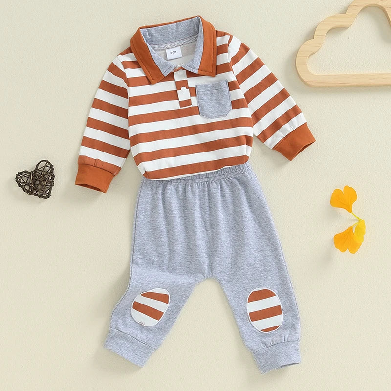 Baby Boys 2Pcs Fall Outfit Stripe Turn-Down Collar Long Sleeve Romper Elastic Waist Long Pants Set