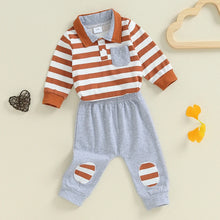 Load image into Gallery viewer, Baby Boys 2Pcs Fall Outfit Stripe Turn-Down Collar Long Sleeve Romper Elastic Waist Long Pants Set
