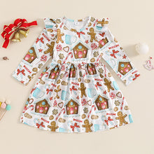 Load image into Gallery viewer, Toddler Kids Girls Long Sleeve Dress Christmas Gingerbread Print Ruffle A-Line Dress
