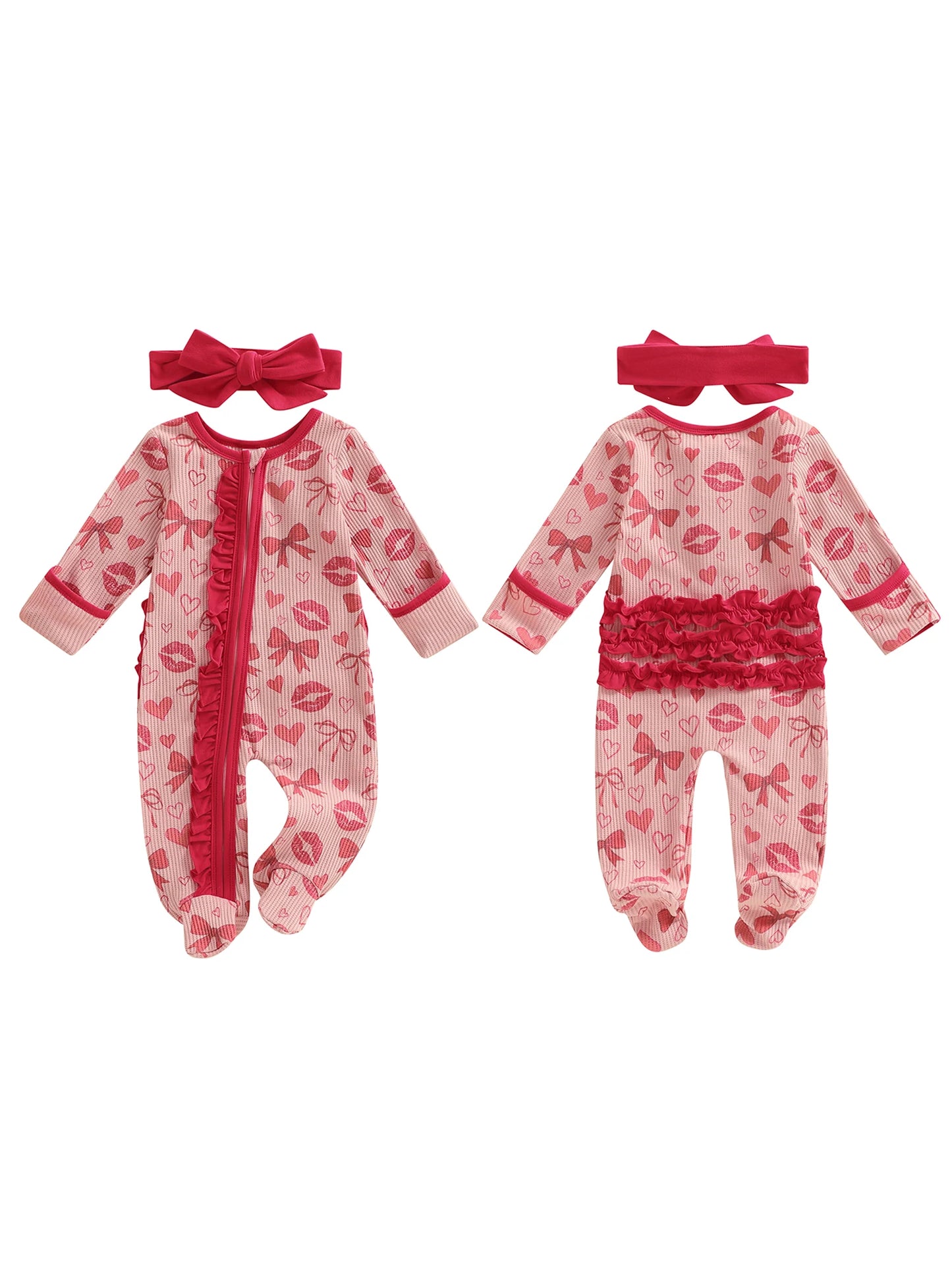 Baby Girls 2Pcs Valentine's Day Outfits Heart Lip Print Long Sleeve Round Neck Ruffled Zipper Romper Footed Jumpsuit with Bow Headband Set