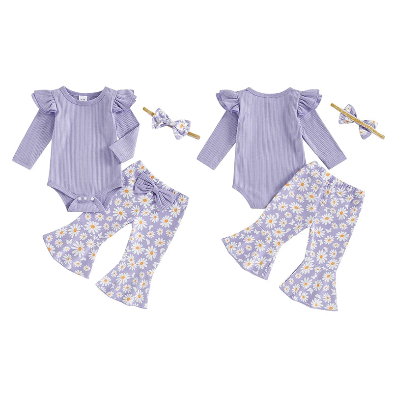 Baby Girl 3Pcs Fall Outfit Long Sleeve Ribbed Romper Daisy Flower Flare Pants Bow Headband Set