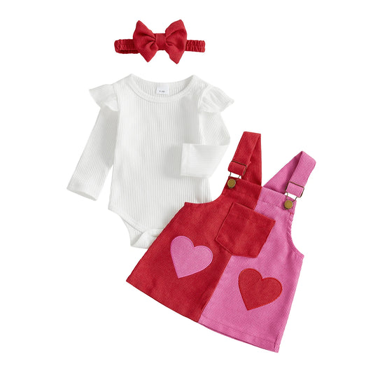 Baby Girls 3Pcs Valentine's Day Outfit Long Sleeve Romper Overall Heart Dress Headband Set Infant Clothes