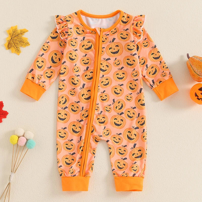 Baby Girls Halloween Romper Pumpkin Print Ruffle Trim Long Sleeve Full Length Zipper Jumpsuit for Fall