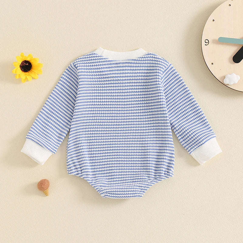 Baby Boys Girls Waffle Romper Casual Stripe Print Long Sleeve Jumpsuit