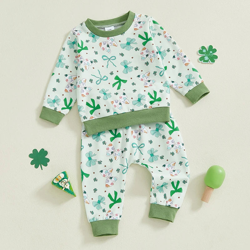 Baby Toddler Girls 2Pcs St. Patrick's Day Outfit Long Sleeve O Neck Bow Clover Shamrock Print Top Pants Jogger Set