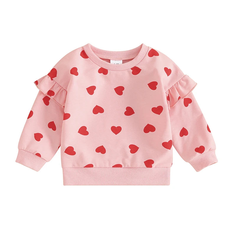 Baby Toddler Girl Valentine's Day Long Sleeve Ruffle Heart Print Pullover Top