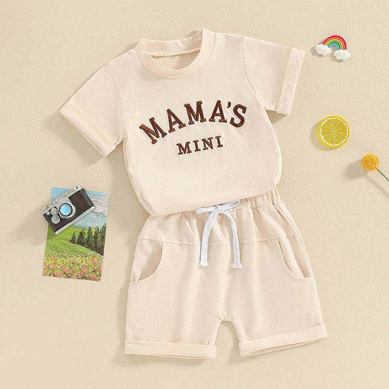 Toddler Baby Girl Boy 2Pcs Mama's Mini Outfits Letter Embroidery Short Sleeve Top and Elastic Shorts Set Summer Clothes