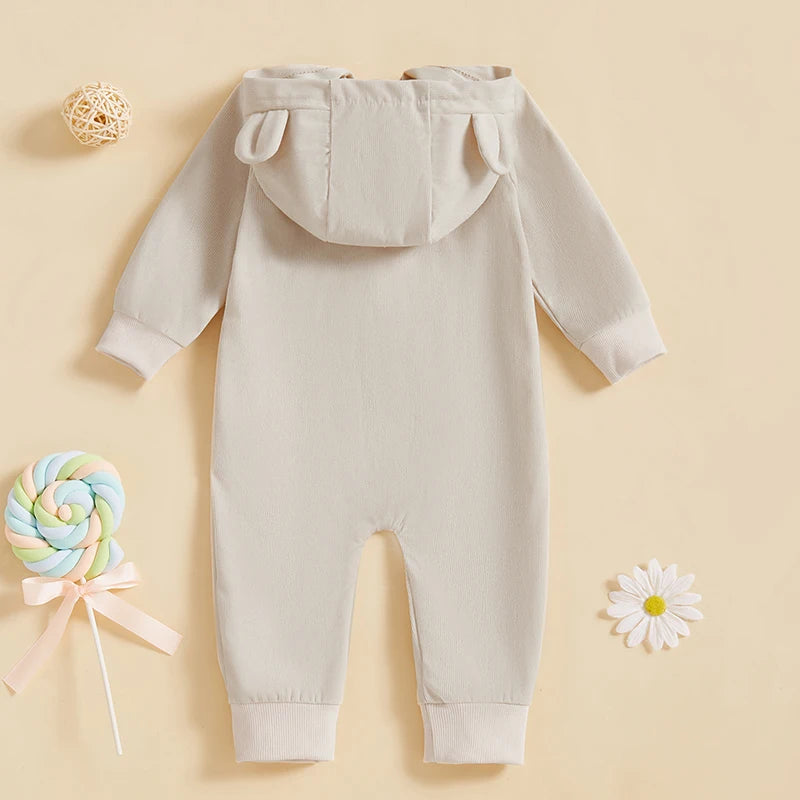 Baby Boys Girls Button-up Jumpsuit Cute Bear Ears Hooded Long Sleeve Chest Pocket Fall Romper Unisex