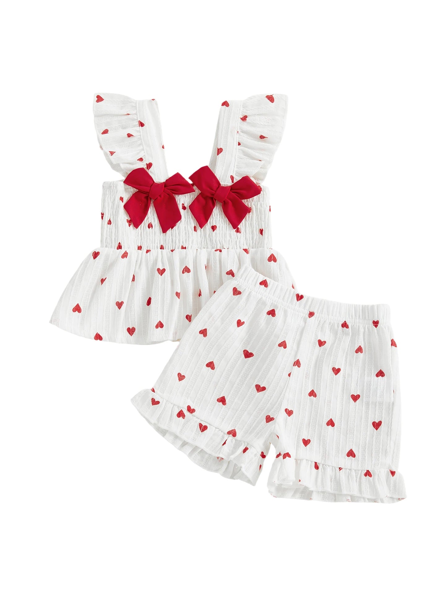 Baby Toddler Girls 2Pcs Valentine's Day Heart Print Ruffle Sleeve Tank Top and Shorts Set for a Sweet Holiday Look