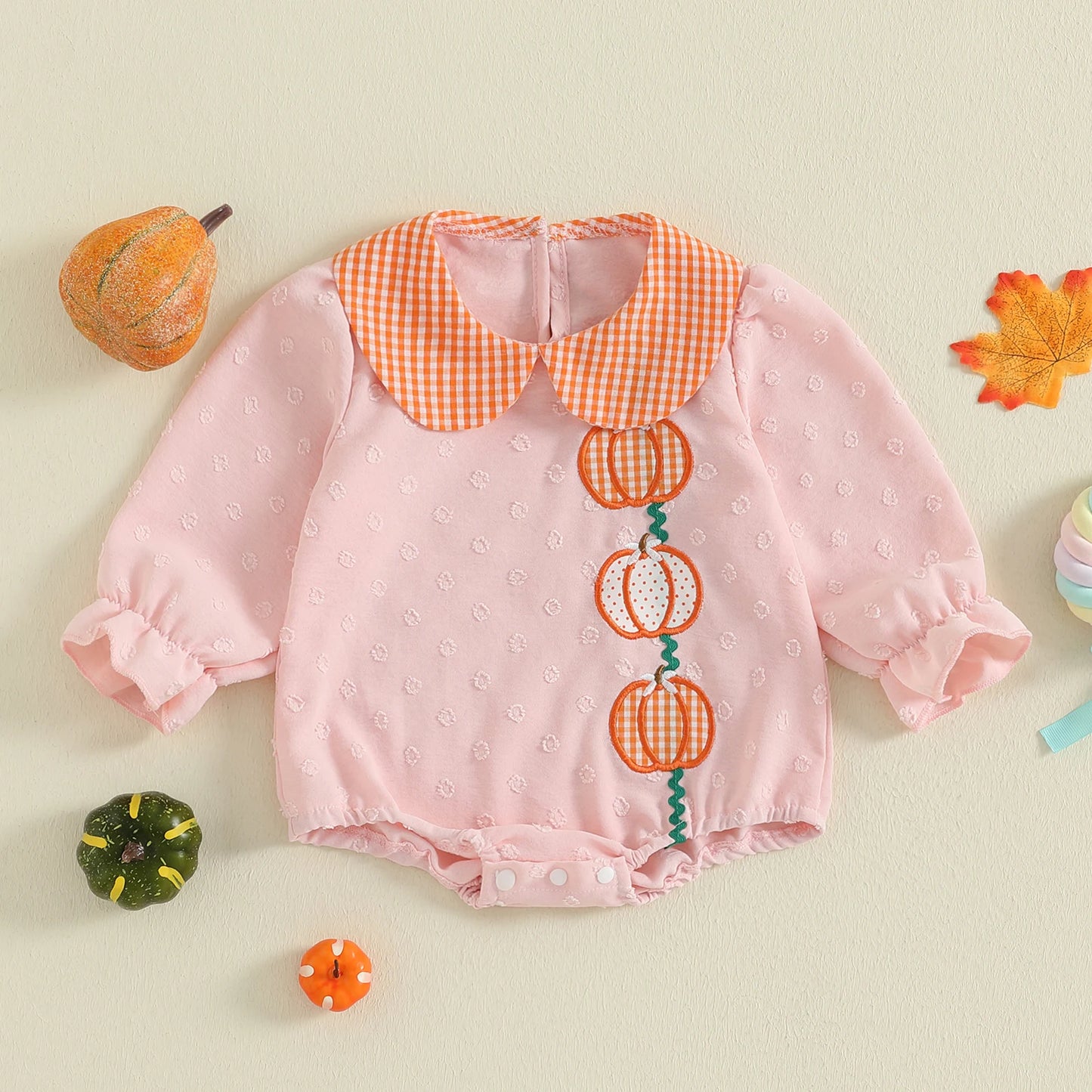 Baby Girl Thanksgiving Bodysuit Long Sleeve Doll Collar Pumpkin Embroidery Romper Fall Playsuit