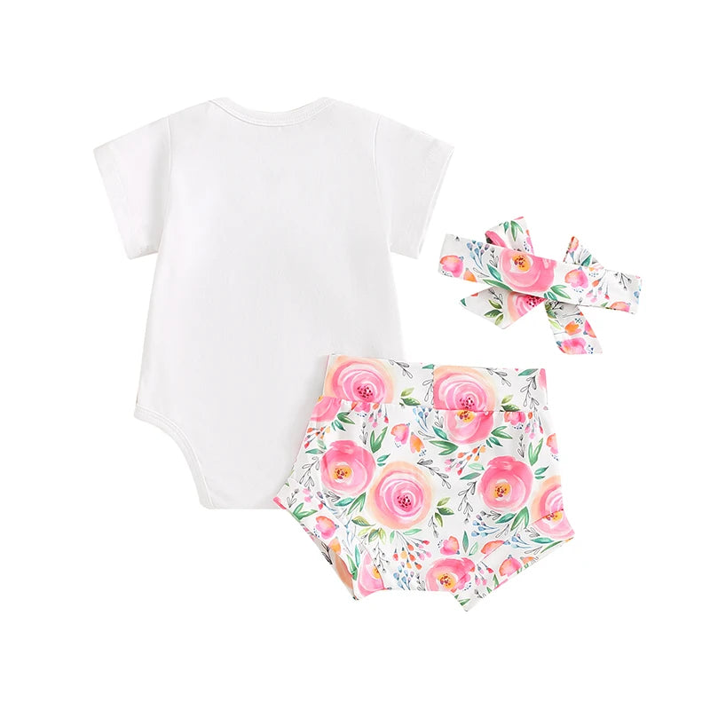 Baby Girls 3Pcs Little Sister Outfit Letter Print Short Sleeve Romper with Floral Flowers Pattern Shorts and Headband Set