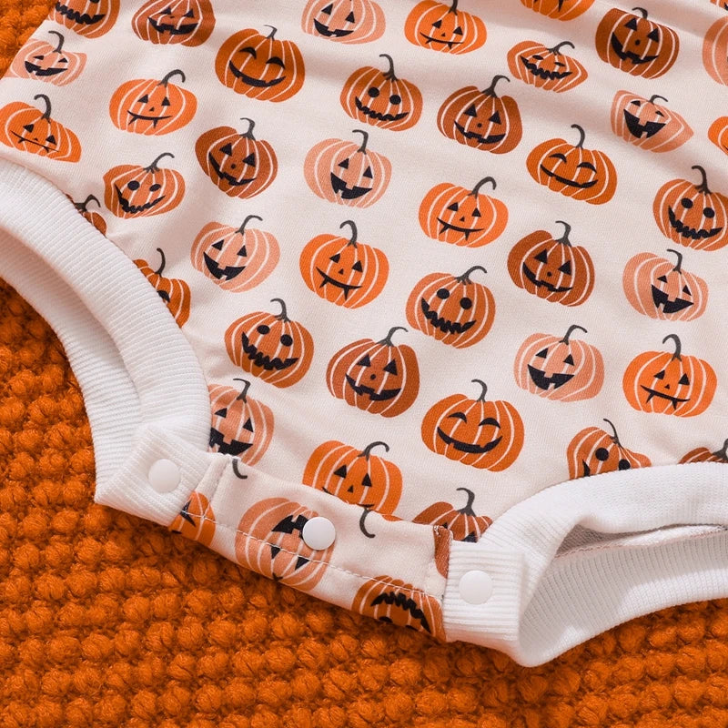 Baby Boys Girls Romper Long Sleeve Crew Neck Pumpkin Print Fall Bodysuit Halloween Jumpsuit