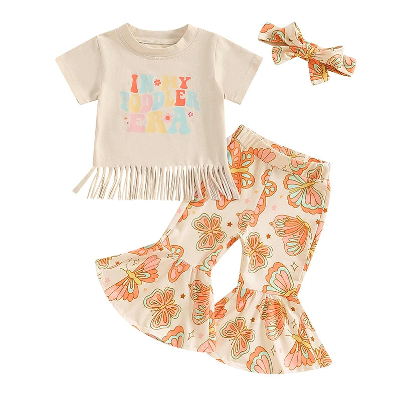 Toddler Girls 3Pcs Outfit Short Sleeve In My Toddler Era Letters Print Tasseled Top with Butterfly Print Flare Pants Headband Summer Set