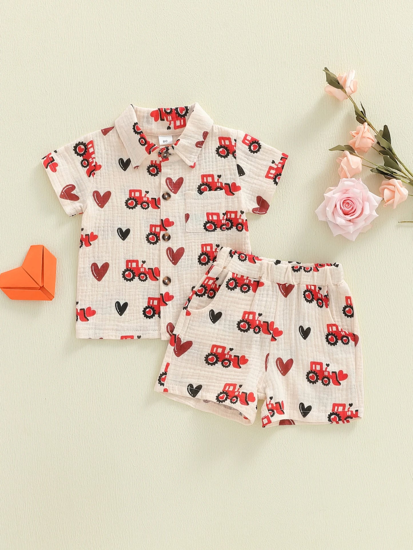 Baby Toddler Boys 2Pcs Valentine's Day Shorts Sets Short Sleeve Lapel Tractor Heart Print Top and Shorts Set