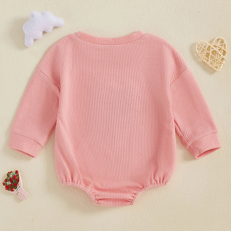 Baby Toddler Girls Waffle Romper Heart Valentines Embroidery Long Sleeve Jumpsuits Valentine's Day