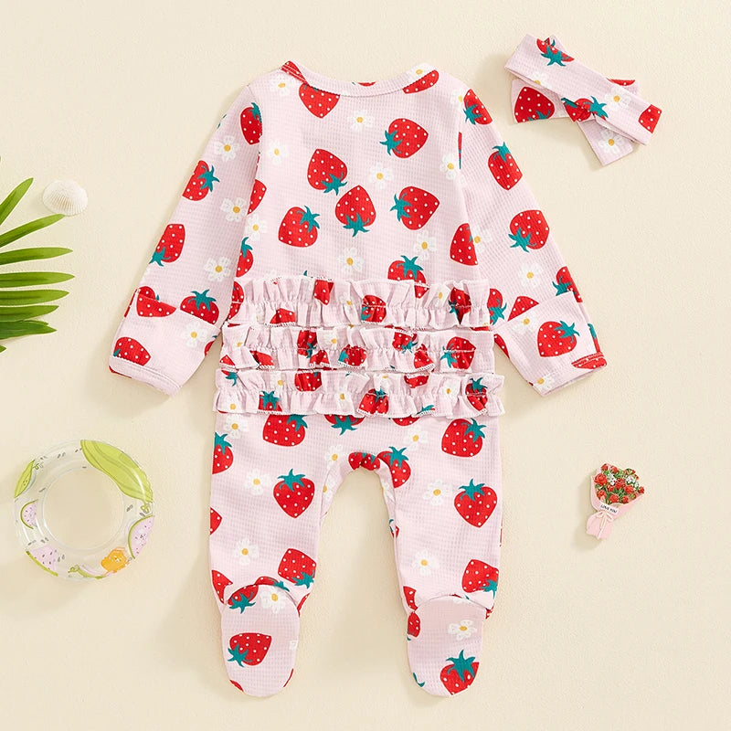 Baby Girls 2Pcs Long Sleeve Strawberry Flower Butterfly Print Frills Zipper Footies Jumpsuit and Headband Romper Set