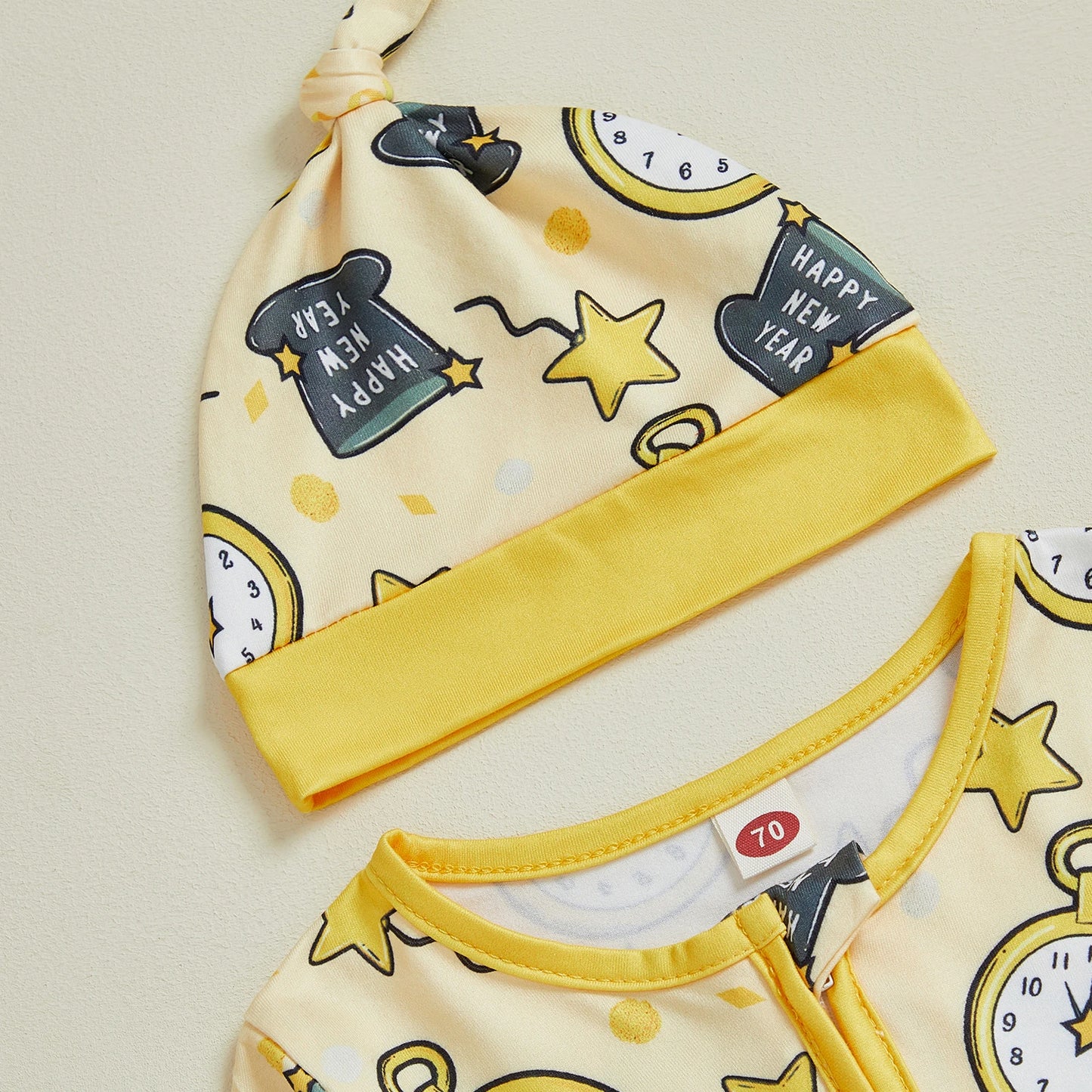 Baby Boy Girl 2Pcs Happy New Year Outfits Cute Long Sleeve Round Neck Hat Clock Print Footed Jumpsuit and Hat Set