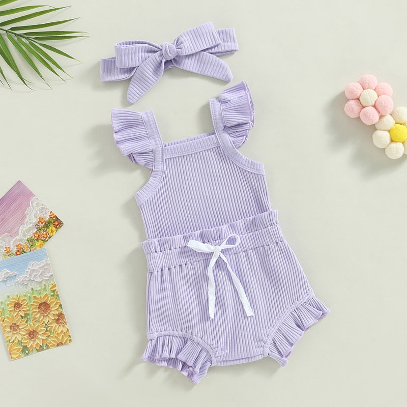 Baby Toddler Girls 3Pcs Flutter Sleeve Solid Romper Tops Drawstring Short Pants Headband Outfit